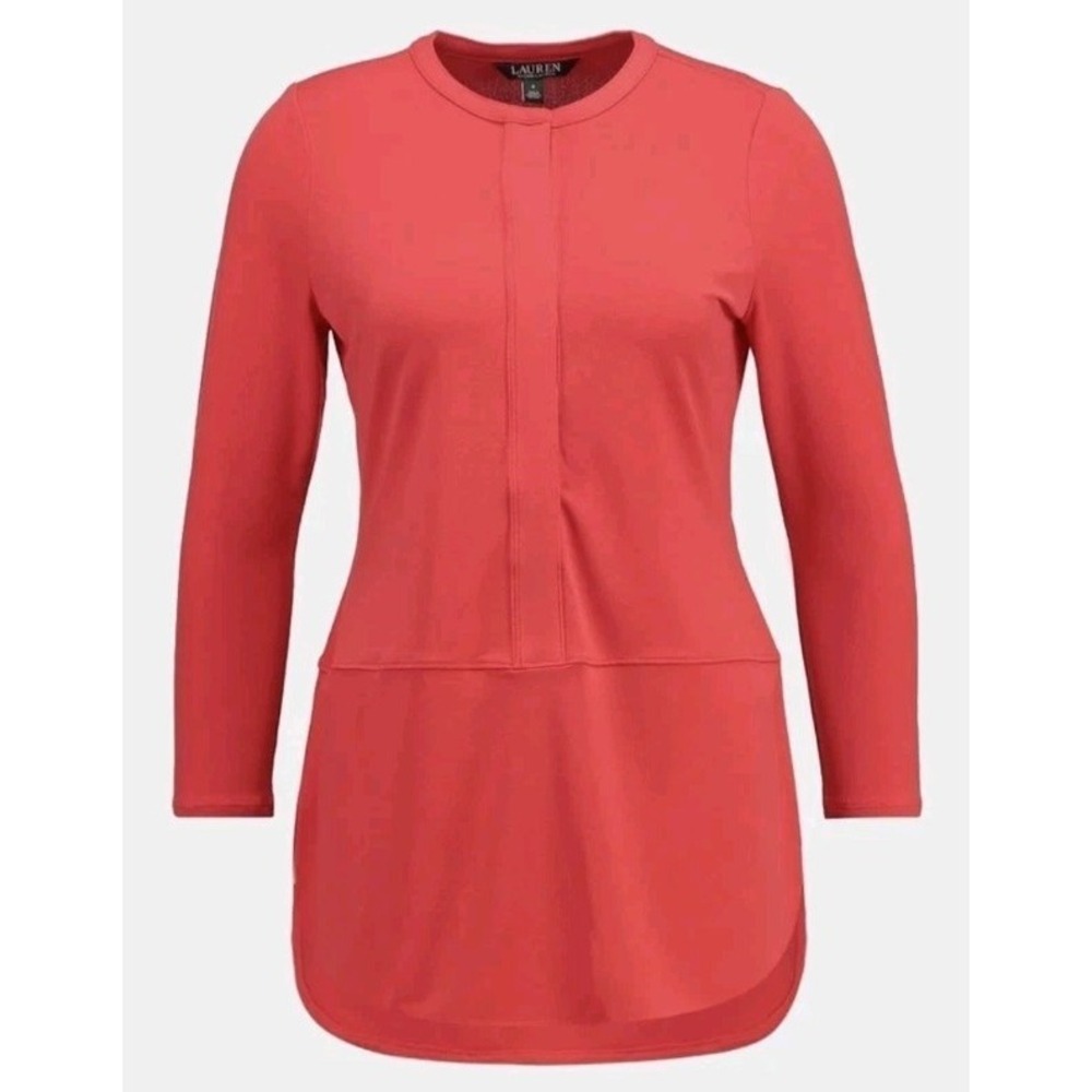 Lauren Ralph Blouse Women XS Red Tunic Henley 3/4 Sleeve Button Front Career